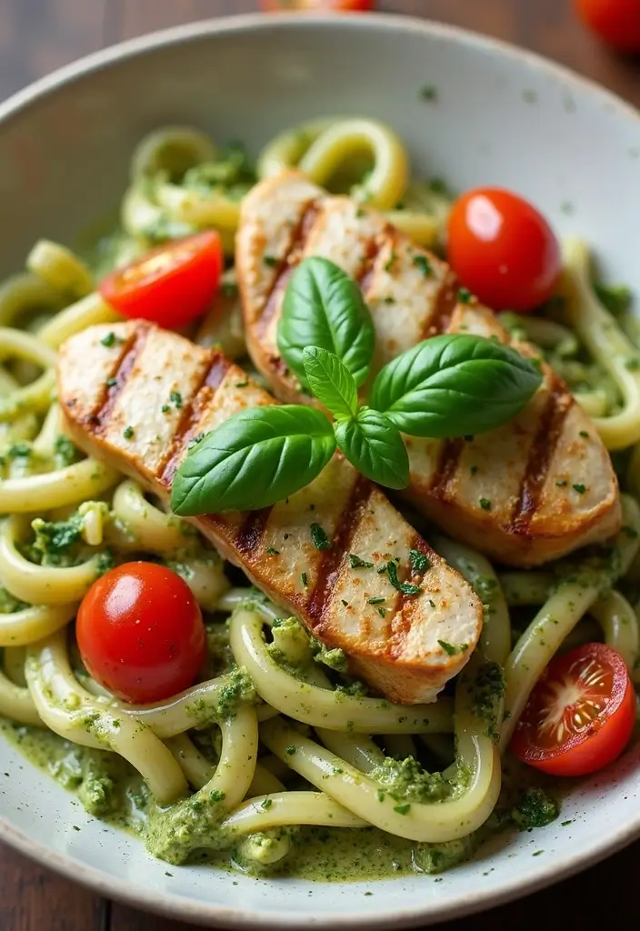 26 Meal Prep Recipes to Gain Weight in a Healthy Way - 16. Pesto Pasta with Grilled Chicken