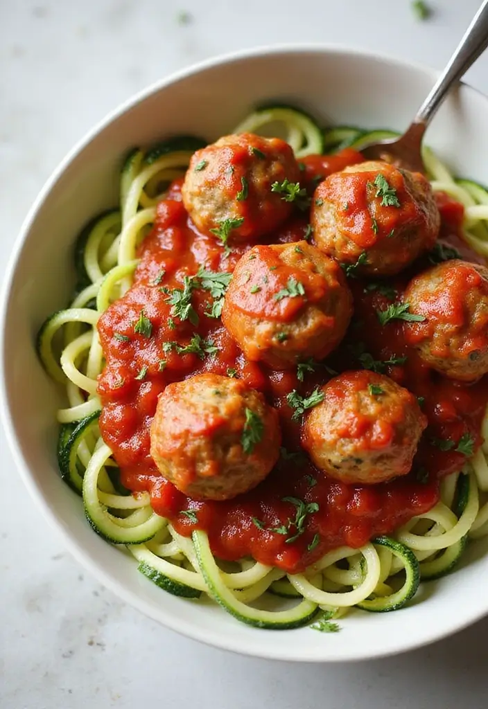 26 Meal Prep Recipes to Gain Weight in a Healthy Way - 26. Zucchini Noodles with Marinara and Meatballs