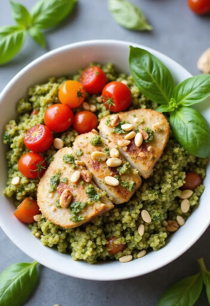 27 High-Protein Chicken Meal Prep Recipes for the Week 58 27 High-Protein Chicken Meal Prep Recipes for the Week - 10. Pesto Chicken Quinoa Bowl