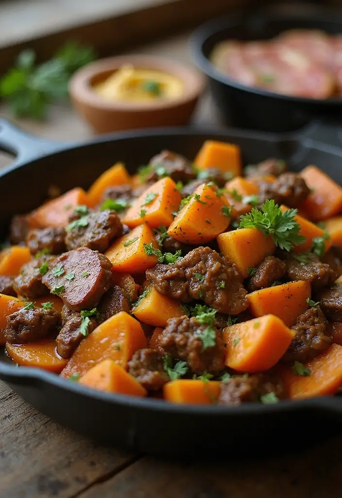 28 Ground Beef Freezer Meal Prep Recipes to Save Time - 23. Beef and Sweet Potato Skillet