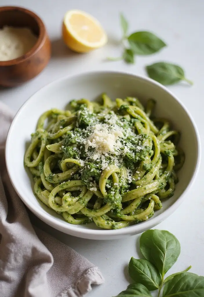 30+ Healthy Meal Prep on a Budget Recipes for Simple Clean Eating 93 30+ Healthy Meal Prep on a Budget Recipes for Simple Clean Eating - 17. Whole Wheat Pasta with Spinach Pesto