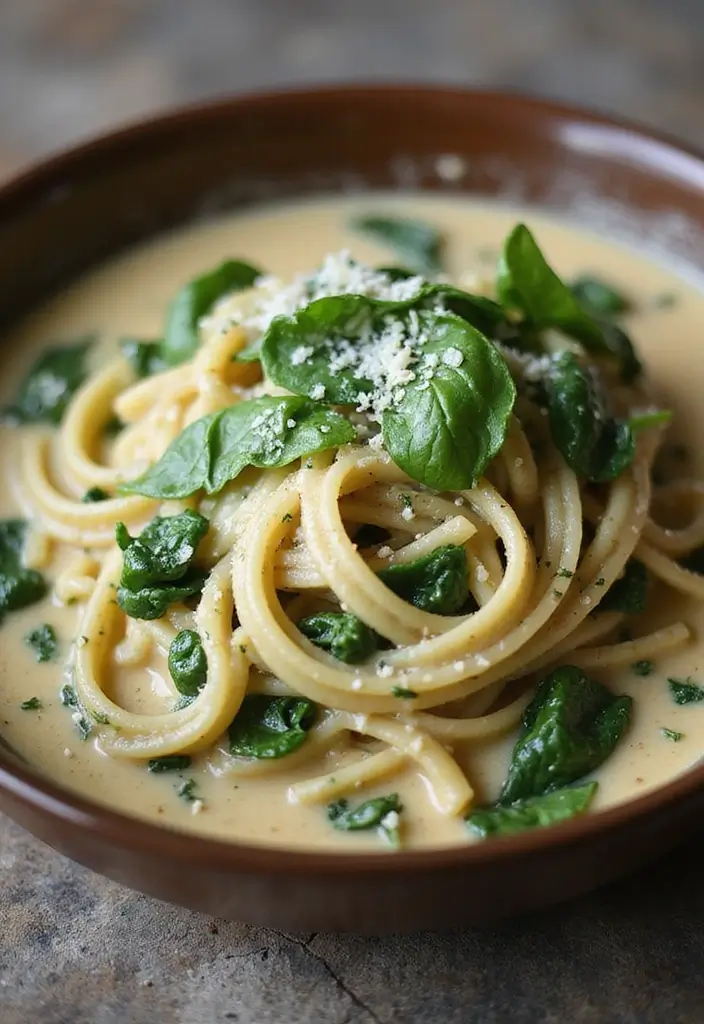 30 High-Protein Vegetarian Bulking Meal Prep Recipes for Men - 30. Creamy Garlic Spinach Pasta